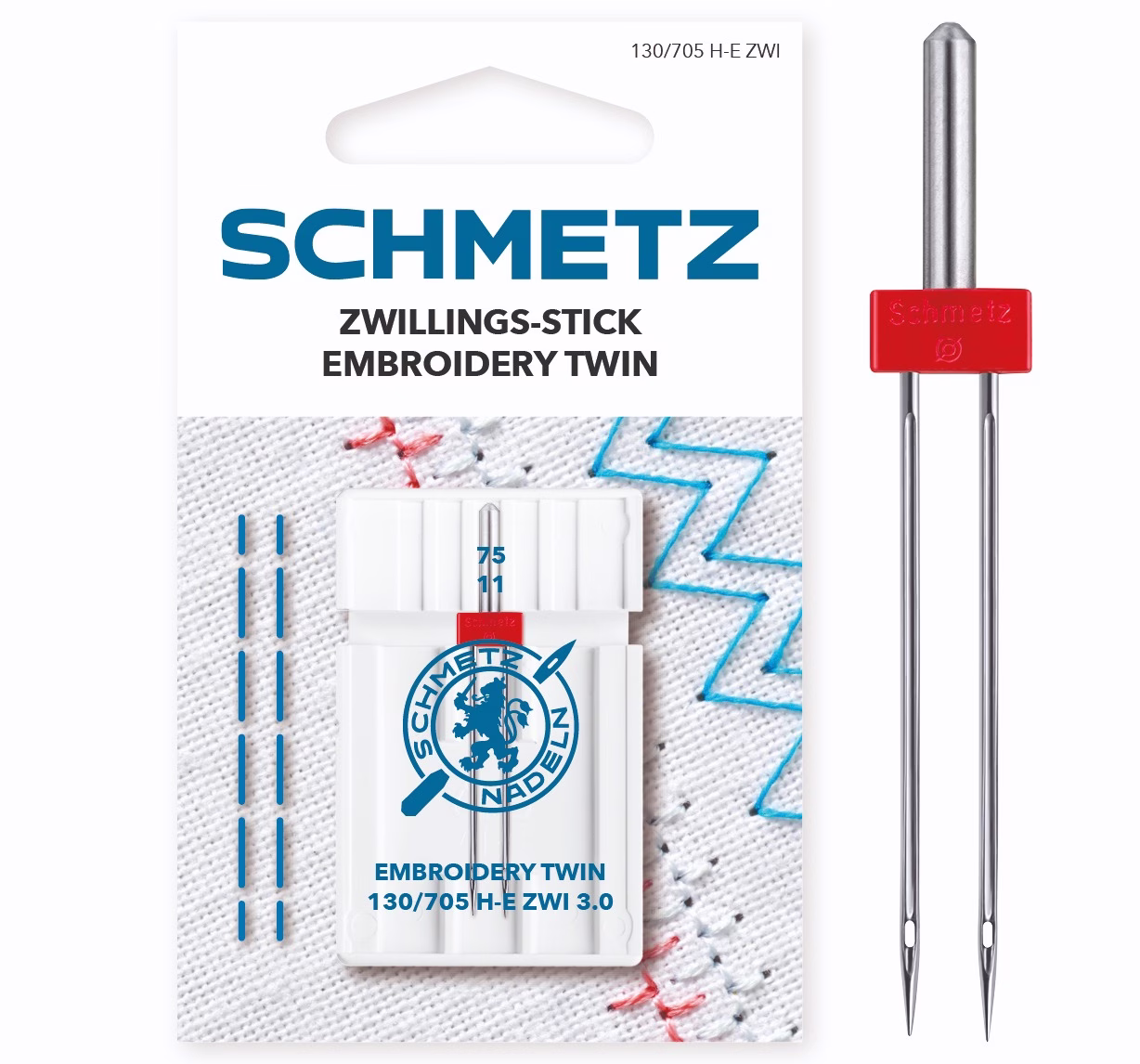 Aguja Gemela para Bordado Schmetz 130/705 H-E ZWI NE 2.0 75 - Imagen 3